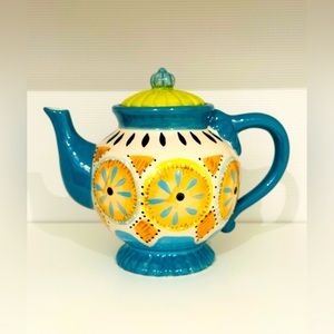 BLUE SKY Teapot Heather Goldmine 2013 Ceramic Glossy Peach, Blue, Green, White
